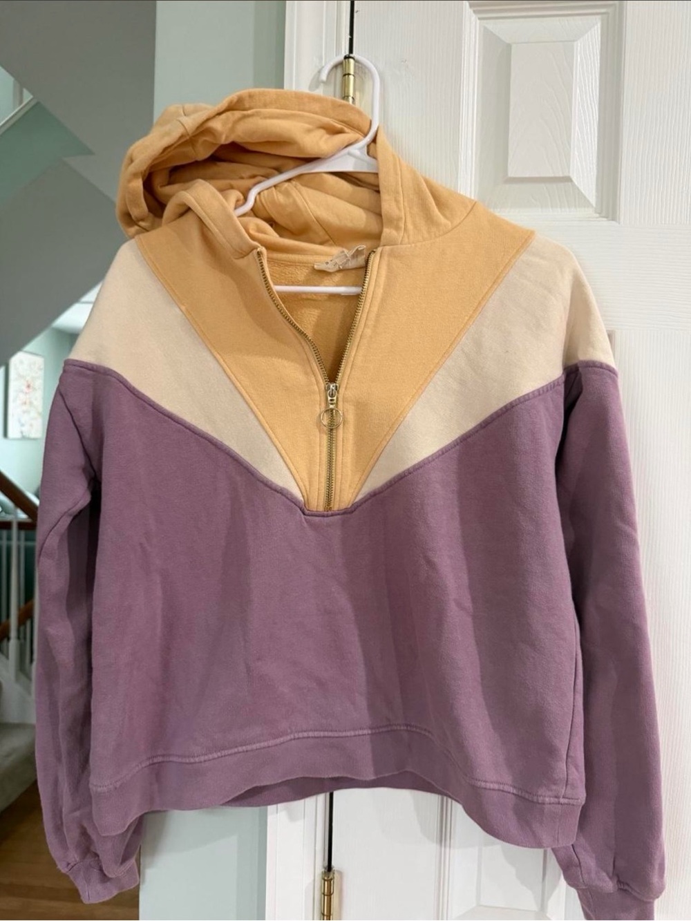 Sézane Colorblock Half-Zip Hooded Sweatshirt - Purple, Cream & yellow